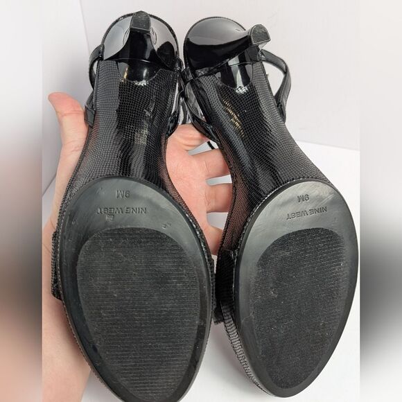 Nine West Jazz Girl Black Patent Strappy Snakeskin Print Platform Heels Womens 9 - Picture 7 of 7